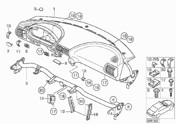 облицовка панели приборов для BMW Z3 Z3 2.8 M52 (схема запчастей)