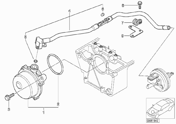Вакуумный насос с трубопроводом для BMW E38 740d M67 (схема запчастей)