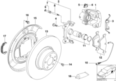 Датчик износа торм.накладки колеса Зд для BMW E39 535i M62 (схема запасных частей)