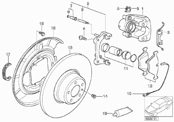 Датчик износа торм.накладки колеса Зд для BMW E39 540iP M62 (схема запчастей)