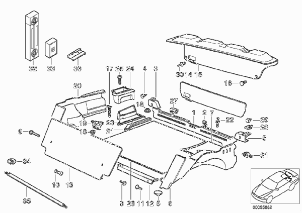Обшивка багажного отделения для BMW E36 M3 3.2 S50 (схема запчастей)