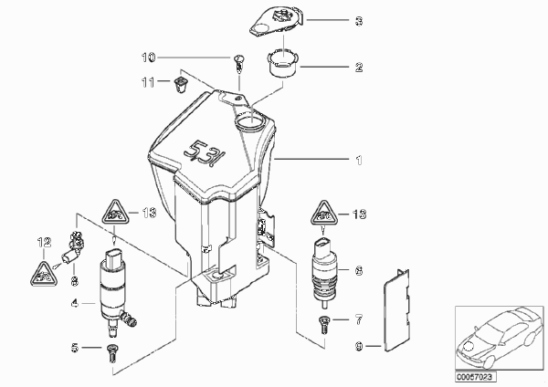 Бачок системы омывателей фар для BMW E46 330i M54 (схема запчастей)