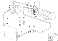 Трубопроводы хладагента для BMW E36 316g M43 (схема запасных частей)