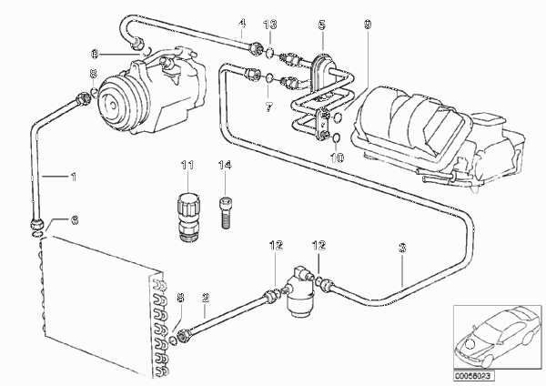 Трубопроводы хладагента для BMW E36 316i 1.6 M43 (схема запчастей)