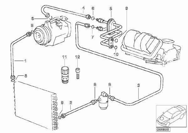 Трубопроводы хладагента для BMW E36 318ti M42 (схема запчастей)