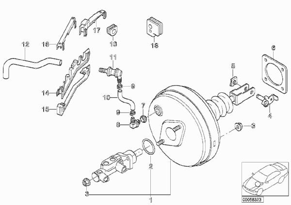 Вакуумный усилитель тормозов для BMW E39 520d M47 (схема запчастей)