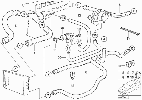 Водяной шланг системы охлаждения для BMW E34 525i M50 (схема запчастей)