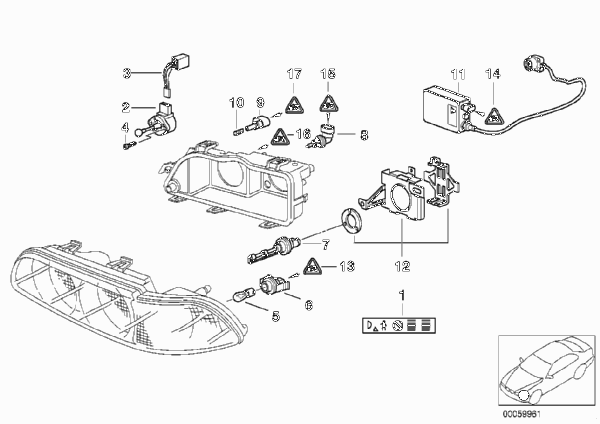 Детали ксеноновой фары для BMW E39 530d M57 (схема запчастей)
