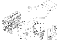 Водяные шланги, помпа, клапан для BMW E39 528i M52 (схема запасных частей)
