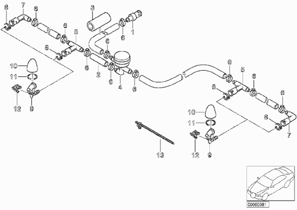Детали системы омывателей фар для BMW E53 X5 3.0i M54 (схема запчастей)