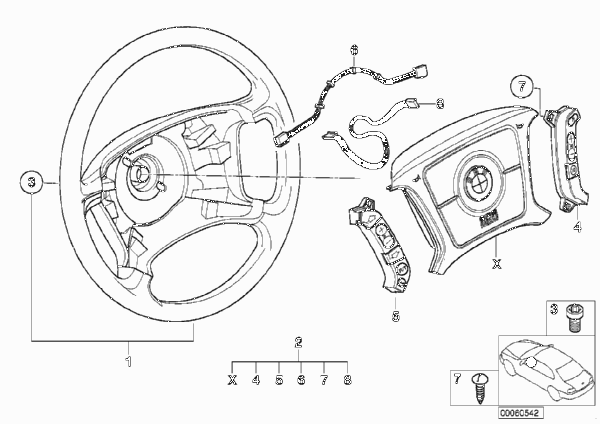 Многофункциональное рулевое колесо с НПБ для BMW E46 330xd M57 (схема запчастей)