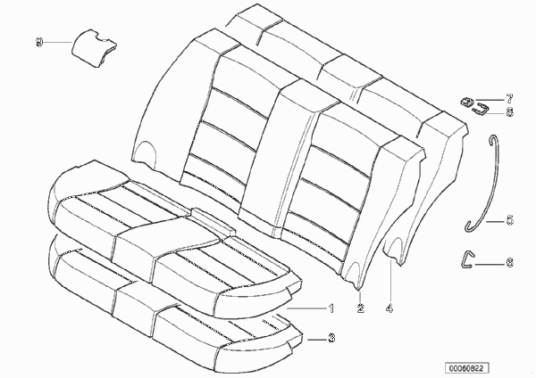 Набивка и обивка базового сиденья Зд для BMW E46 316i 1.6 M43 (схема запчастей)