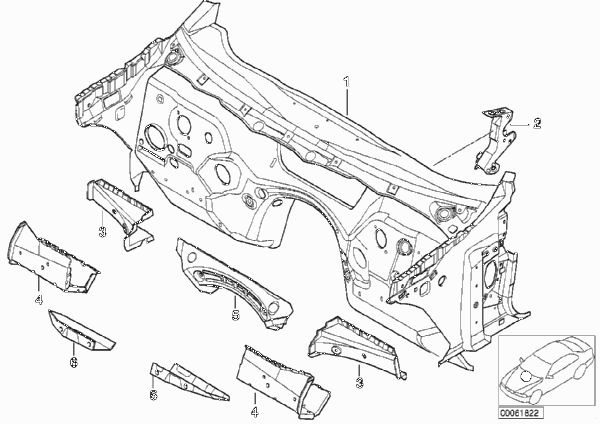 Детали щитка передка для BMW E46 M3 S54 (схема запчастей)
