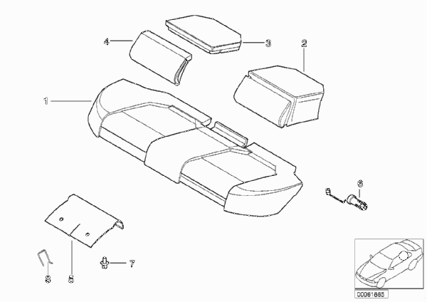 Набивка и обивка базового сиденья Зд для BMW E46 316i 1.9 M43 (схема запчастей)
