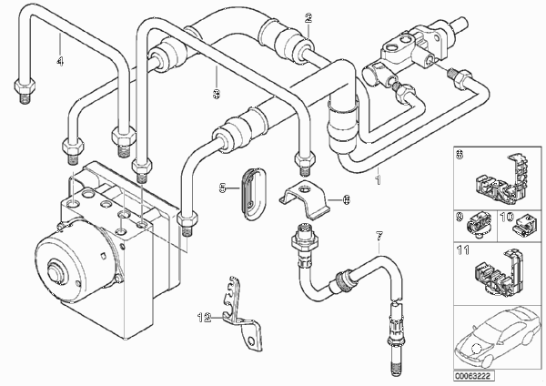 Трубопровод тормозн.привода Пд ABS/ASC+T для BMW E46 325Ci M54 (схема запчастей)