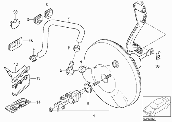 Вакуумный усилитель тормозов для BMW E46 325i M54 (схема запчастей)