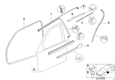 Уплотнитель двери впереди для BMW E36 318i M43 (схема запасных частей)
