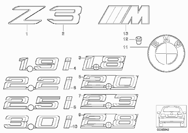 Эмблемы / надписи для BMW Z3 Z3 2.2i M54 (схема запчастей)