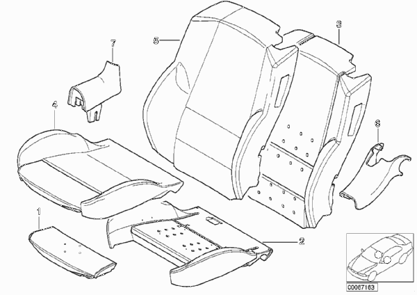 Набивка и обивка спортивного пер.сиденья для BMW E46 318Ci N42 (схема запчастей)
