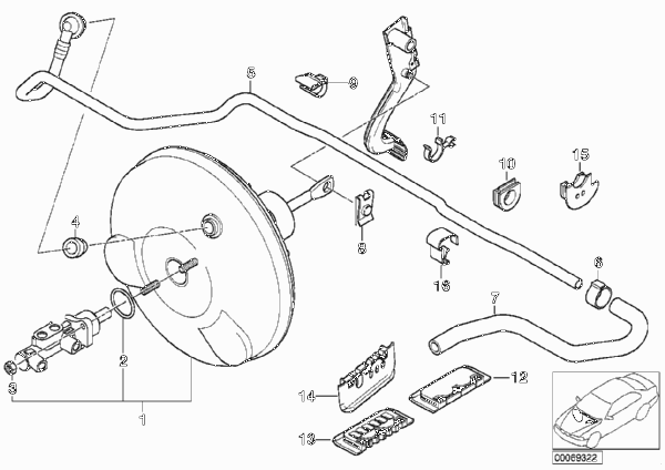 Вакуумный усилитель тормозов для BMW E46 320d M47N (схема запчастей)