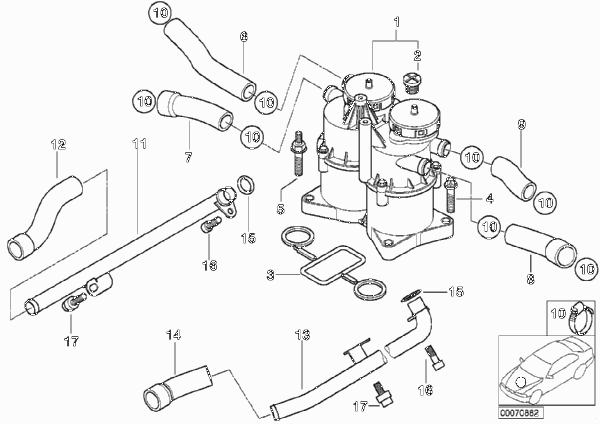 Система вентиляц.картера/маслоотделитель для BMW E38 740d M67 (схема запчастей)
