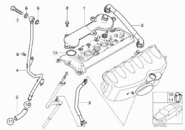 Система вентиляц.картера/маслоотделитель для BMW E46 M3 S54 (схема запчастей)