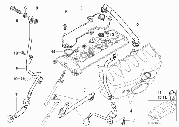 Система вентиляц.картера/маслоотделитель для BMW E46 M3 S54 (схема запчастей)