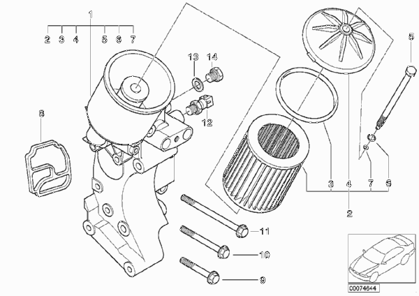 Смазочная система-масляный фильтр для BMW E46 M3 S54 (схема запчастей)