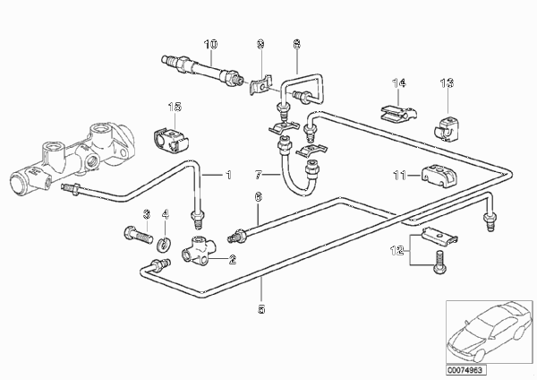 Тормозной трубопровод Зд без ABS для BMW E34 525tds M51 (схема запчастей)