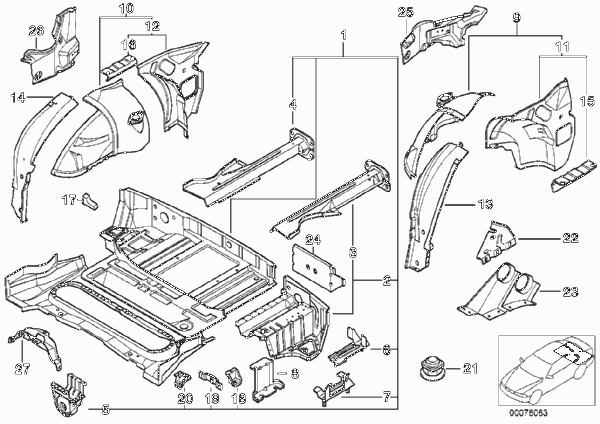 Пол багажника/брызговик Зд для BMW Z3 Z3 M3.2 S54 (схема запчастей)