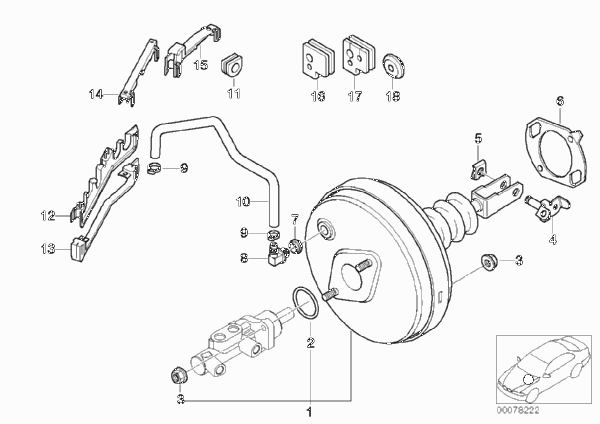 Вакуумный усилитель тормозов для BMW E39 525i M54 (схема запчастей)