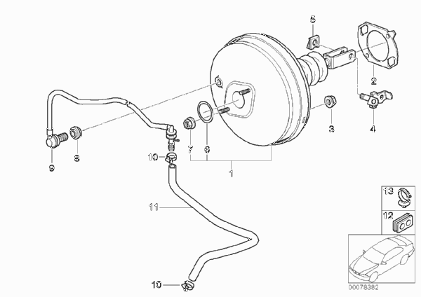 Вакуумный усилитель тормозов для BMW E39 530i M54 (схема запчастей)
