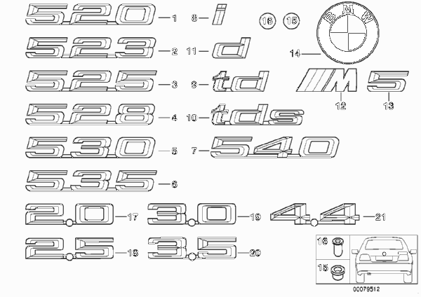 Эмблемы / надписи для BMW E39 530d M57 (схема запчастей)