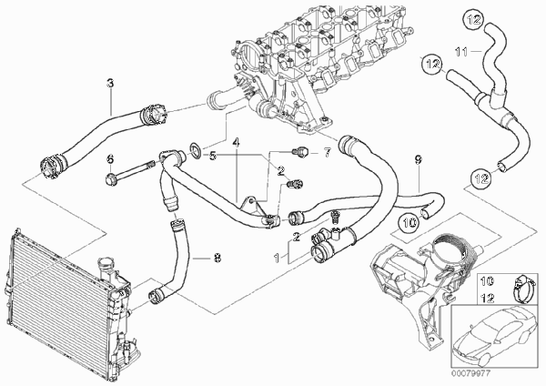 Водяной шланг системы охлаждения для BMW E46 318d M47 (схема запчастей)
