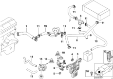 Водяные шланги, помпа, клапан для BMW E39 525i M54 (схема запасных частей)