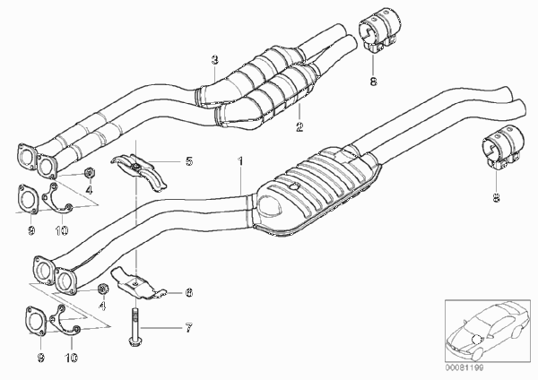 Передний дополнительный глушитель для BMW E46 330i M54 (схема запчастей)