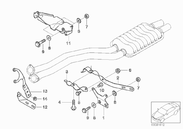 Элементы крепления системы выпуска ОГ для BMW E39 530i M54 (схема запчастей)