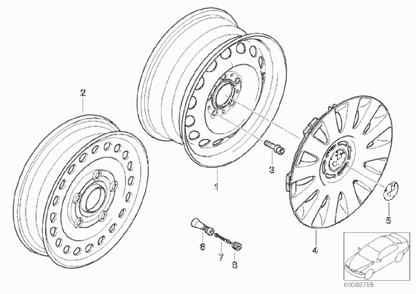 Колесный диск стальной, дизайн 12 для BMW E46 318ti N46 (схема запчастей)