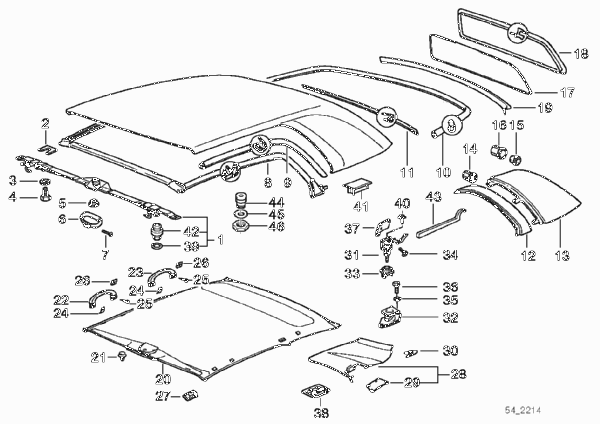 Детали жесткой цельносъемной крыши для BMW E36 M3 S50 (схема запчастей)