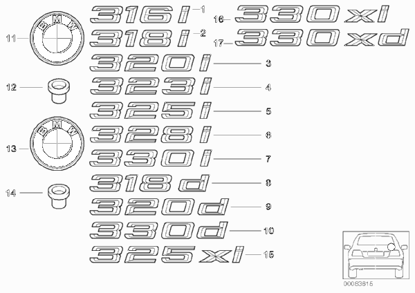Эмблемы / надписи для BMW E46 320i M52 (схема запчастей)
