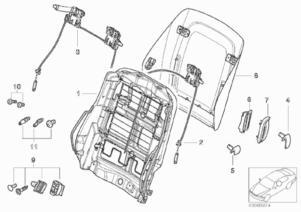 Сиденье Пд-каркас спинки/задняя панель для BMW E46 320Cd M47N (схема запчастей)