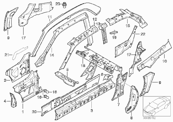 Детали бокового каркаса для BMW Z3 Z3 M3.2 S50 (схема запчастей)