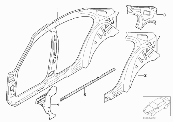 Детали бокового каркаса для BMW E67 745LiS N62 (схема запчастей)