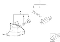 Фонарь указателя поворота Пд/Бок для BMW E46 325ti M54 (схема запасных частей)