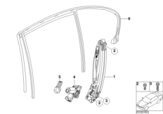 Механизм перемещения стекла двери Зд для BMW E65 730i M54 (схема запасных частей)