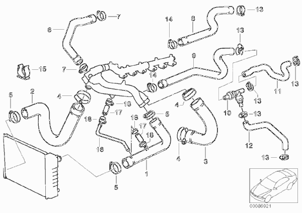 Водяной шланг системы охлаждения для BMW E34 M5 3.8 S38 (схема запчастей)