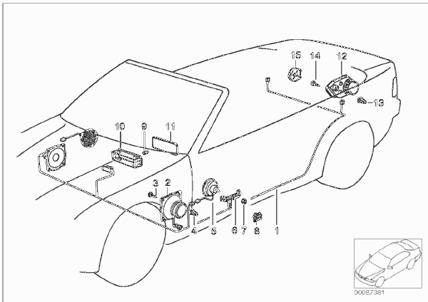 Детали стереосистемы для BMW E36 320i M50 (схема запчастей)