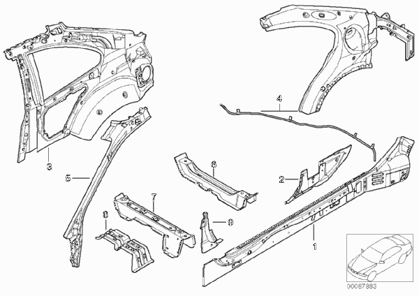 Детали бокового каркаса для BMW E46 325Ci M54 (схема запчастей)