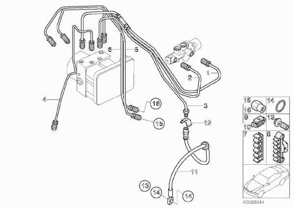 Трубопровод тормозного привода Пд с DSC для BMW R50 Cooper W10 (схема запчастей)