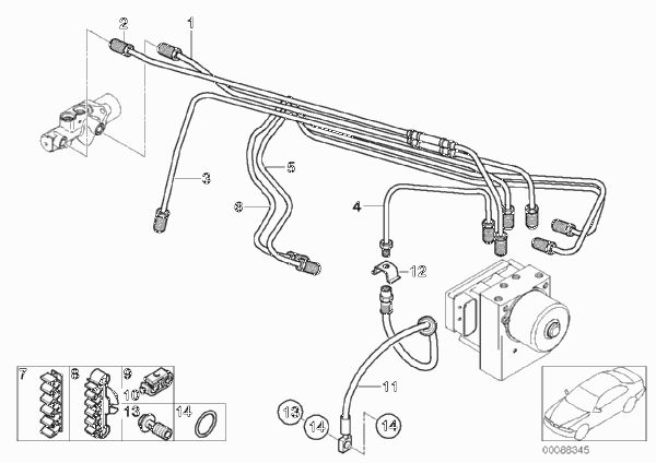 Трубопровод тормозного привода Пд с DSC для BMW R50 One 1.6i W10 (схема запчастей)